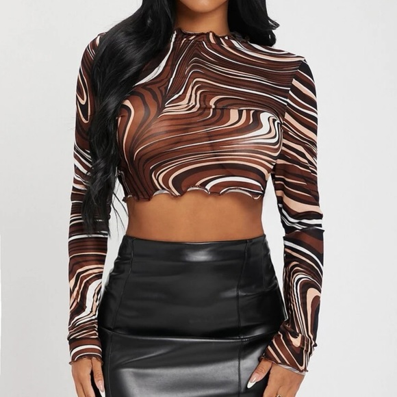 Women’s Long Sleeve Marbled Swirl Groovy Print Lettuce Trim Mesh Crop Top - Picture 7 of 7